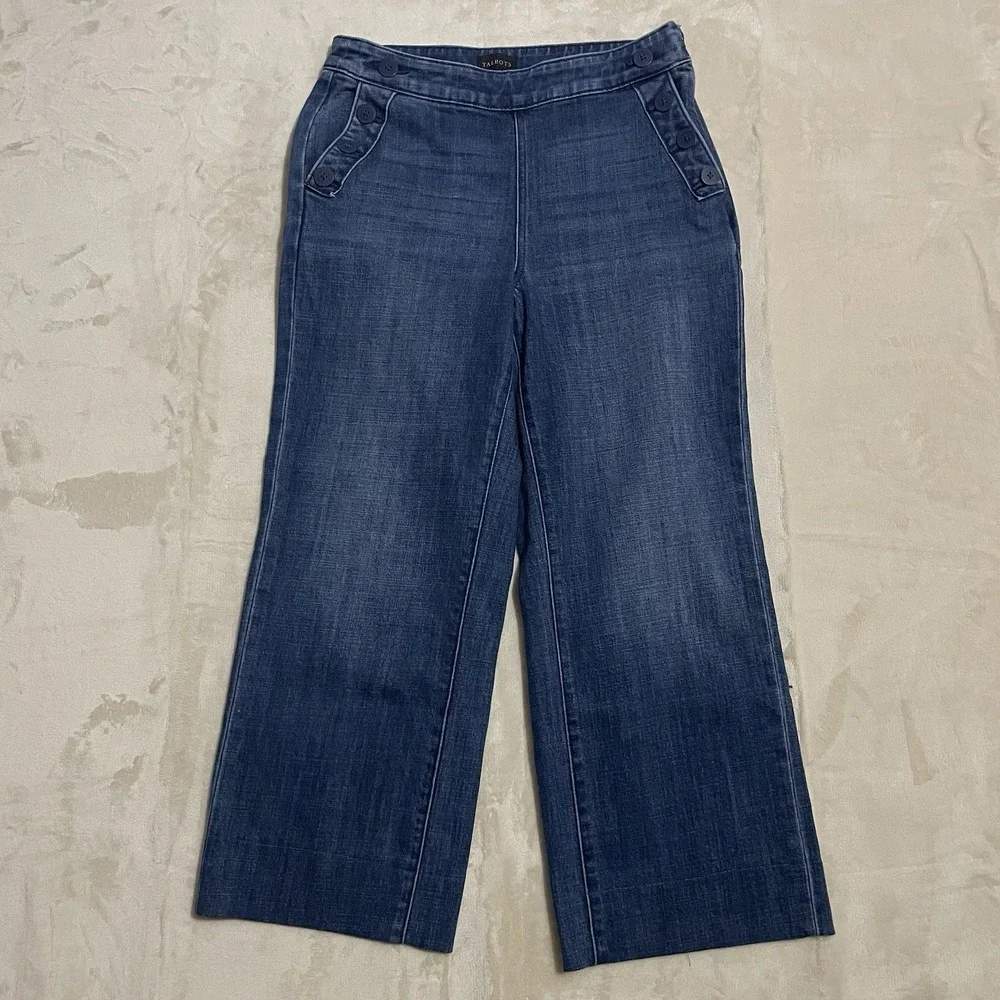Talbots Jeans‎ Womens Size 6 Wide Leg Jean Sailor Button Style Dark Wash Denim